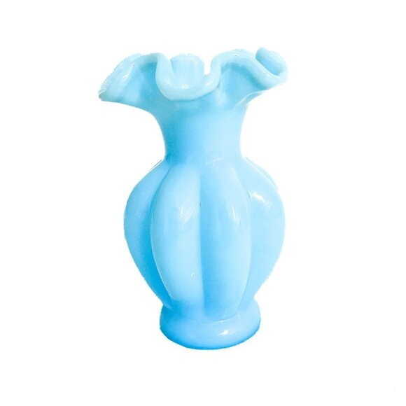 Vintage Fenton Blue Glass Ruffle Melon Base Milk Glass Vase